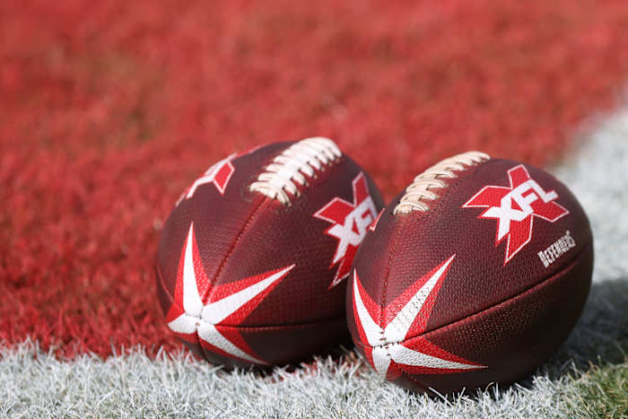Feb 8, 2020; Washington, DC, USA; Game balls rest on the field prior to the game between the DC Defenders and the Seattle Dragons in an XFL football game at Audi Field. Mandatory Credit: Geoff Burke-USA TODAY Sports